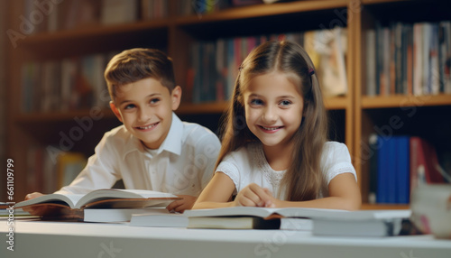 Two kids reading in the library