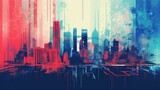 Generative AI, Poster with cityscape in risograph and glitch style, vivid colors