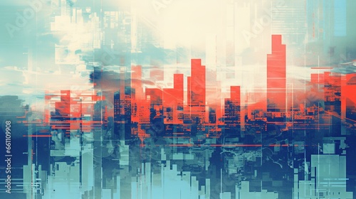 Generative AI, Poster with cityscape in risograph and glitch style, vivid colors © DELstudio
