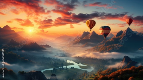 Hot air balloon over a foggy forest at sunset.