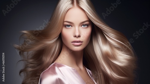 Beautiful blonde woman with long, healthy , straight and shiny hair. Hairstyle loose hair 