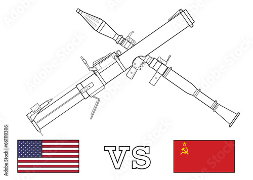 Vector illustration of crossed weapons, soviet anti-tank grenade launcher RPG-7 versus american LAW M72 BAZOOKA.