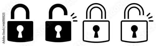 Lock icon set. Black icon of locked and unlocked lock on white background. Flat security symbol. Vector illustration.