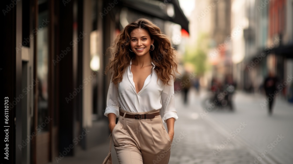 A young attractive woman demonstrates fashionable clothes on a city street. Dynamic pose. Fashion, female beauty.