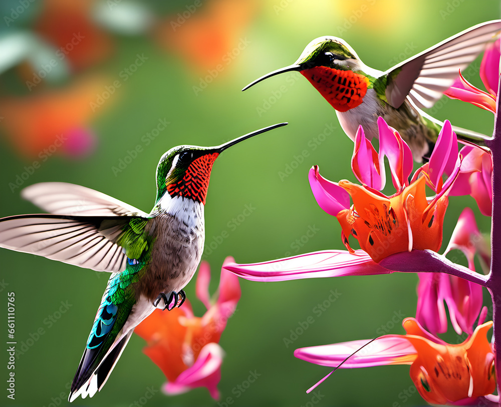 Fototapeta premium Vibrant Jungle Encounter: Two Hummingbirds Amid Lush Foliage. generative AI