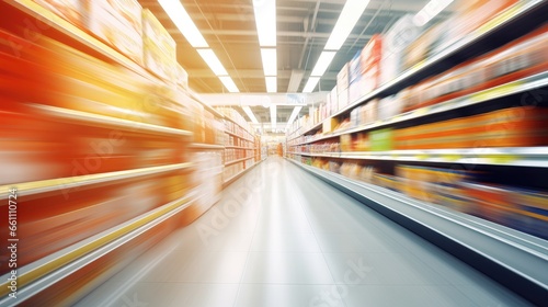 Supermarket aisle and shelves blurred background  Generative AI