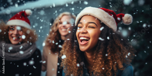 Cheerful young people with santa hat celebrate New Year together at home, generative ai