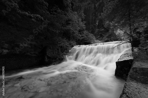 Long exposure in black and white of a cascade in a forest