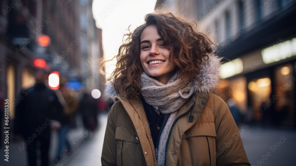 A young attractive woman demonstrates fashionable clothes on a city street. Dynamic pose. Fashion, female beauty.