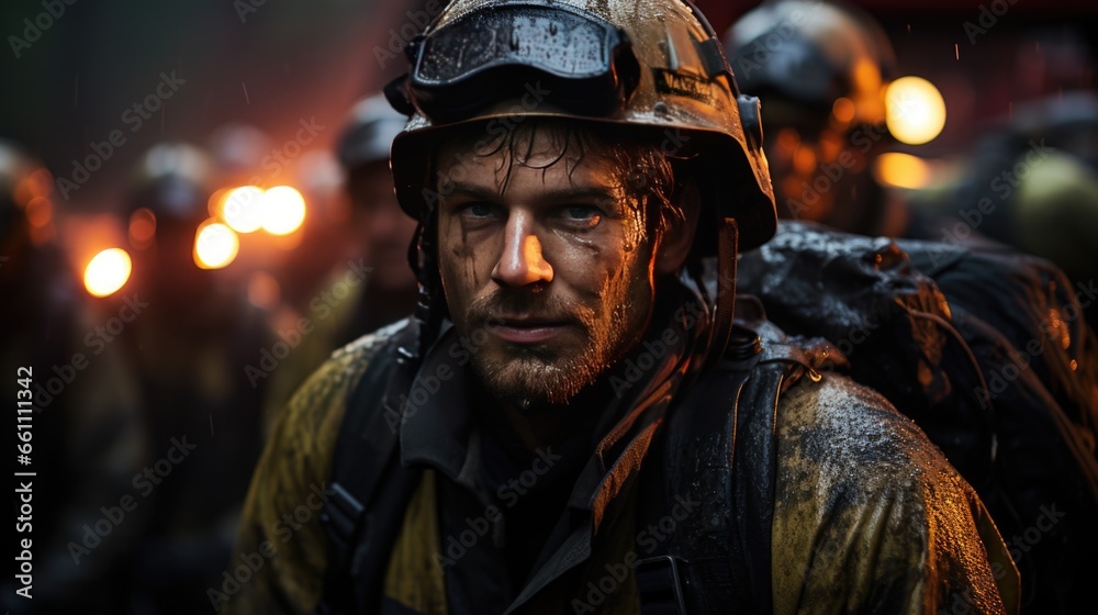 Close-up photo of firefighters. Close-up photo of firefighters.
