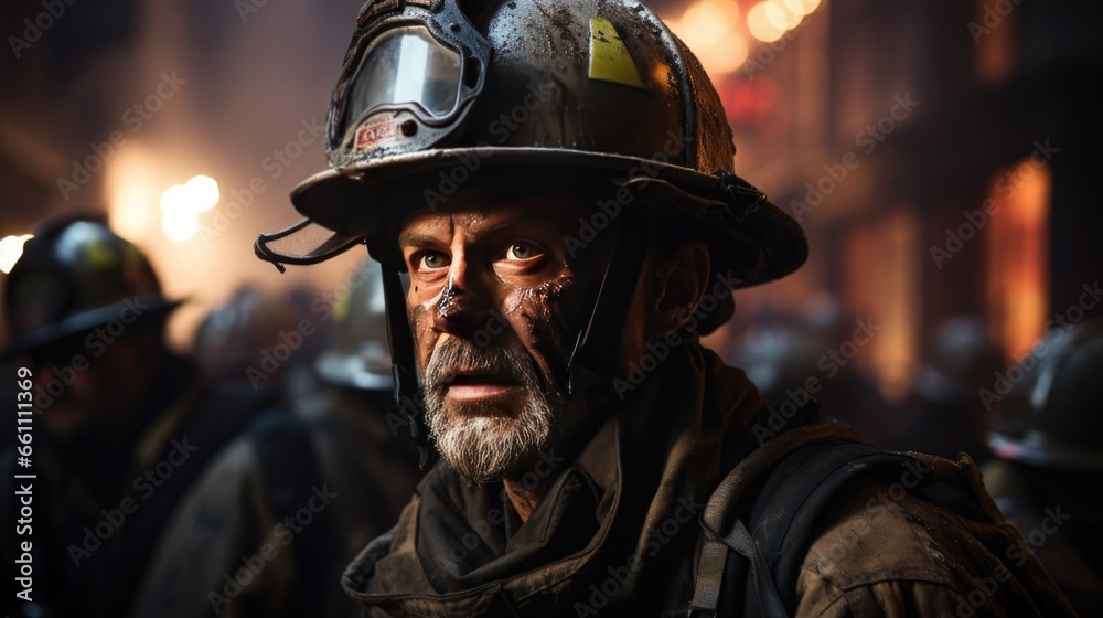Close-up photo of firefighters. Close-up photo of firefighters.