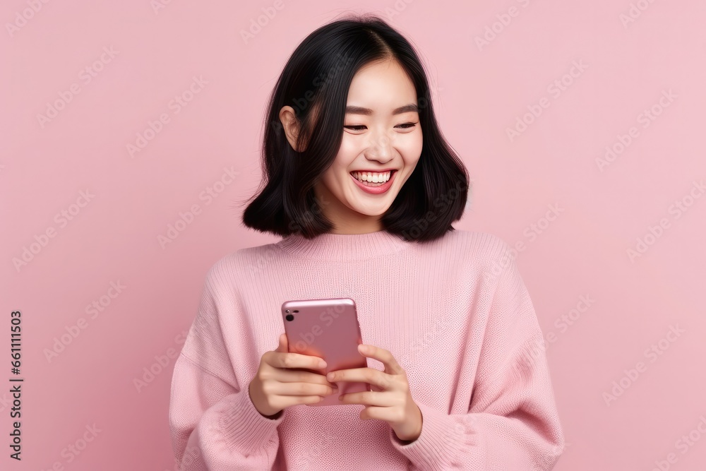 Portrait of girl using smartphone device gadget app isolated over pastel pink background. Generatie AI Portrait of girl using smartphone device gadget app isolated over pastel pink background. Generatie AI