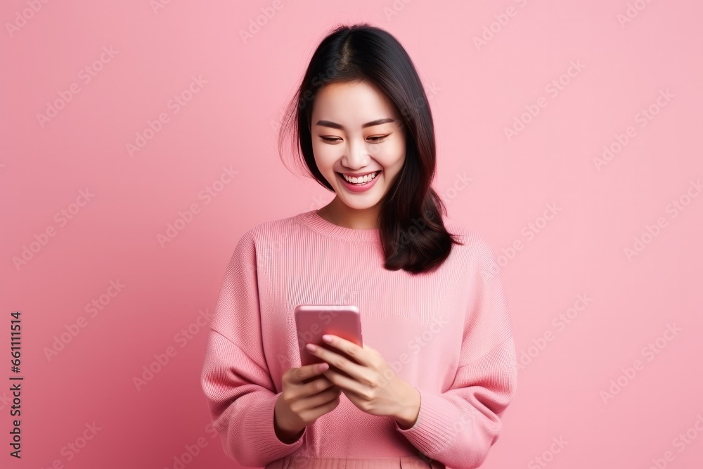 Portrait of girl using smartphone device gadget app isolated over pastel pink background. Generatie AI Portrait of girl using smartphone device gadget app isolated over pastel pink background. Generatie AI