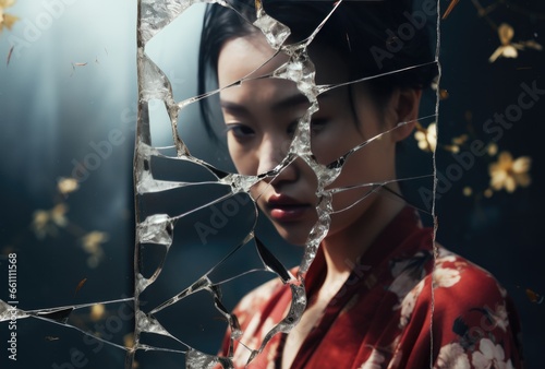 Young asian woman behind broken mirror, Generative AI photo