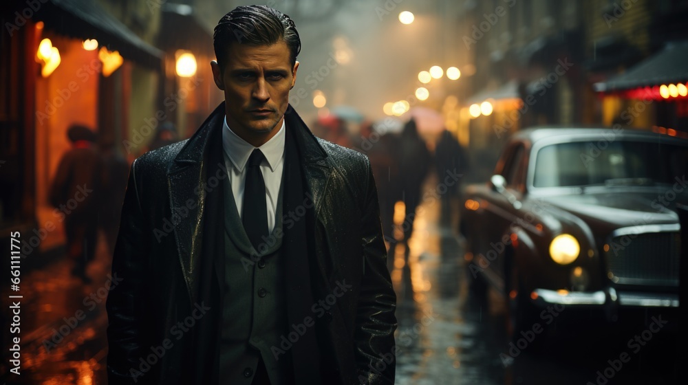 Cinematic shot of a man in a suit walking on the street.