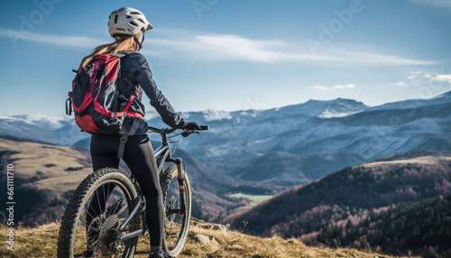 A youthful woman, donning a helmet and shouldering a backpack, stands alongside her bicycle, gazing in awe at the grandeur of the majestic mountains.