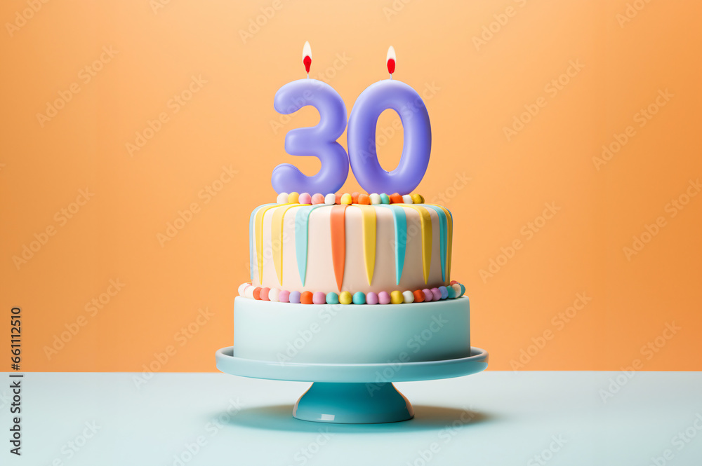 30th year birthday cake on isolated colorful pastel background - obrazy, fototapety, plakaty 