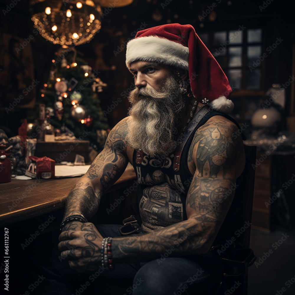 Heavily tattooed Santa Claus, cool, gloomy, portrait. portrait.
