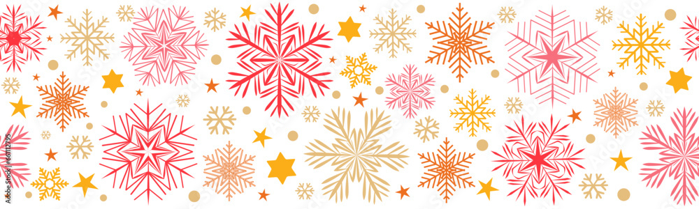 Seamless pattern of snowflakes. Let it snow. For decoration of borders, postcards, posters, flyers for the New Year and Christmas holidays. Vector illustration Seamless pattern of snowflakes. Let it snow. For decoration of borders, postcards, posters, flyers for the New Year and Christmas holidays. Vector illustration