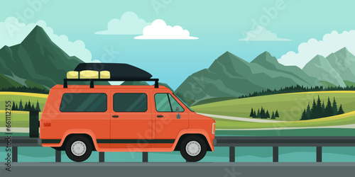 Camper van and mountains background