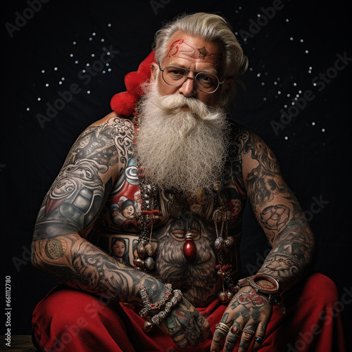 Heavily tattooed Santa Claus, cool, gloomy, portrait. portrait.