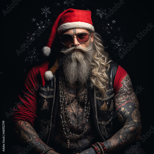 Heavily tattooed Santa Claus, cool, gloomy, portrait. portrait. photo