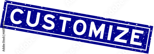 Grunge blue customize word square rubber seal stamp on white background