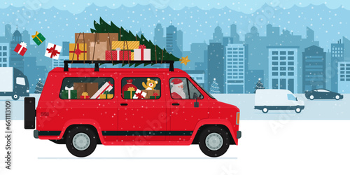Santa Claus driving a van and carrying Christmas gifts