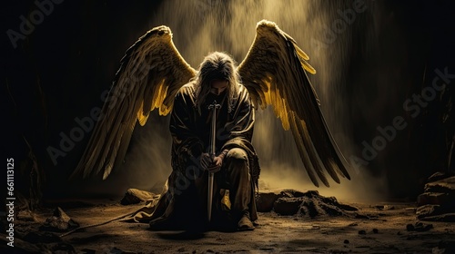 Fotografie A fallen angel with spread wings and a sword stuck in the ground against the background of destroyed buildings