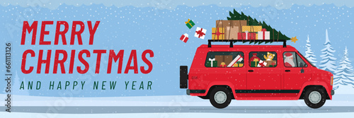 Santa Claus driving a van and carrying Christmas gifts
