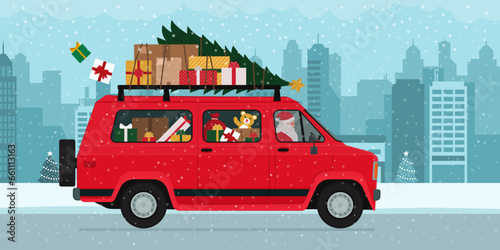 Santa Claus driving a van and carrying Christmas gifts