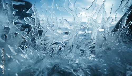Ice crystals. ice structure. Frost on glass, freezing effect, frost pattern