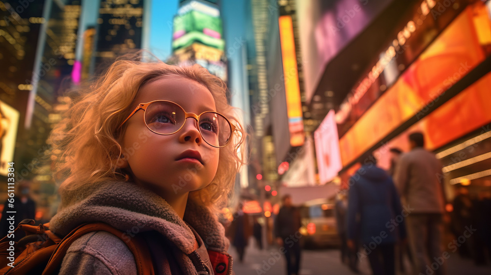 A wide shot of a child girl in sunglasses looking up at the tall buildings in Times Square.