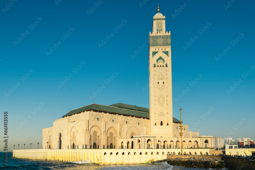 scenic view of the famous Hassan II Mosque at sunset- Casablanca, Morocco