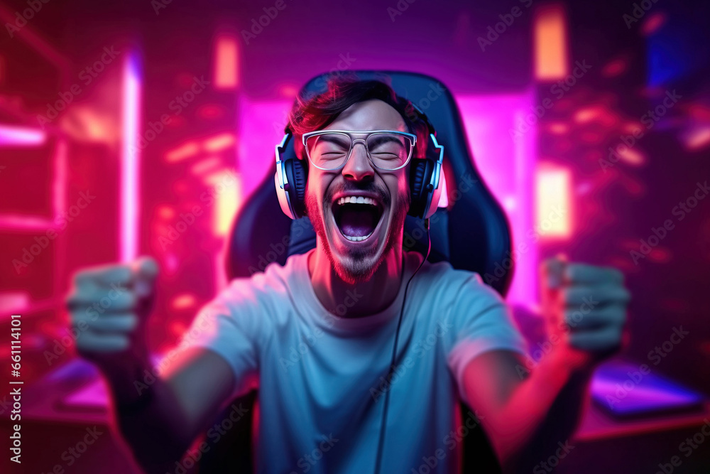 Happy professional gamer shouting excited about winning an online game tournament sitting in his neon light game studio. Generative AI Happy professional gamer shouting excited about winning an online game tournament sitting in his neon light game studio. Generative AI