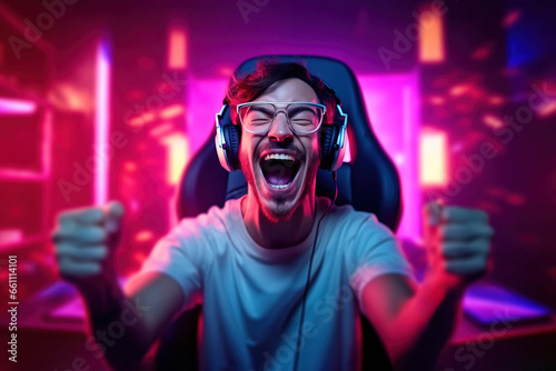 Happy professional gamer shouting excited about winning an online game tournament sitting in his neon light game studio. Generative AI