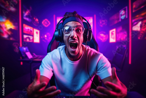 Emotional game streamer in headphones shocked by a new online game experience, excitedly shouts. Gamer surprised by new technology in the game industry. photo