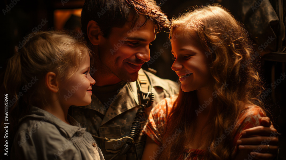 Father in full military uniform He was hugging his daughter to say goodbye to go on a mission Father in full military uniform He was hugging his daughter to say goodbye to go on a mission