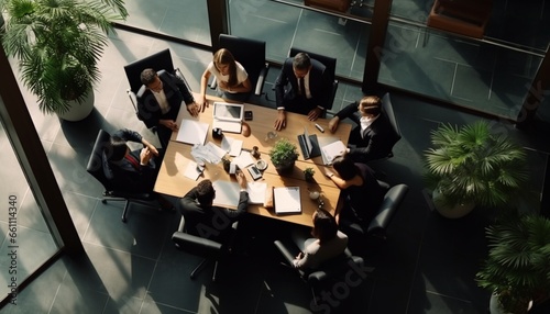 Top view image of motivated employees working together in the office official meeting concept of business photo