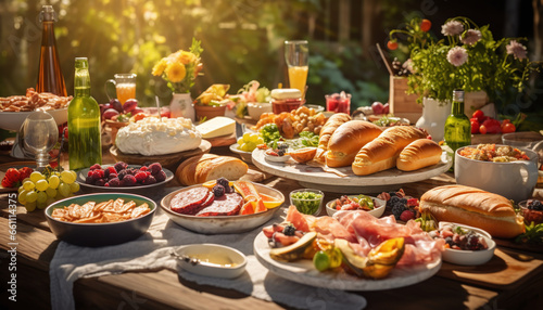 A breakfast or brunch table beautifully set with an enticing assortment of delectable delicacies, creating the perfect spread for an Easter feast.