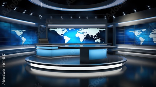 Tv studio. News studio. News studio. The perfect backdrop for any green screen or chroma key video or photo production. 3d render.  photo