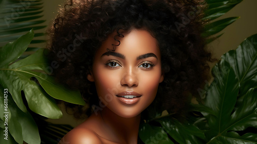 Beautiful african american woman with afro hairstyle and green leaves