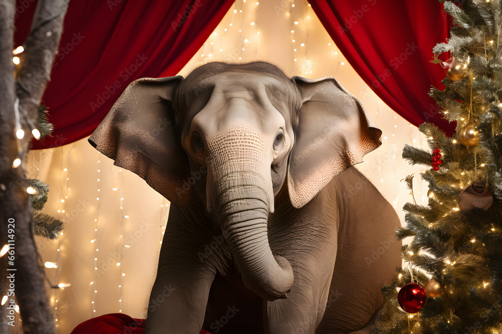 An elephant in a Christmas setup. Studio portrait, winter festive season template. An elephant in a Christmas setup. Studio portrait, winter festive season template.
