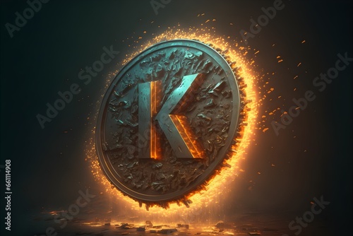 word KAS as a shiny digital coin surrounded with rust falling from it flying in the air speed of light crypto neon neural artificial network exploding fire ultrarealistic RTX On created with Unreal  photo