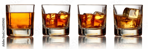 Whiskey glasses with reflection, isolated on white.