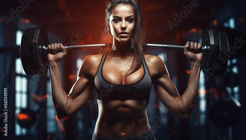 A fierce and determined athletic woman is seen vigorously working out, pumping up her muscles with dumbbells.