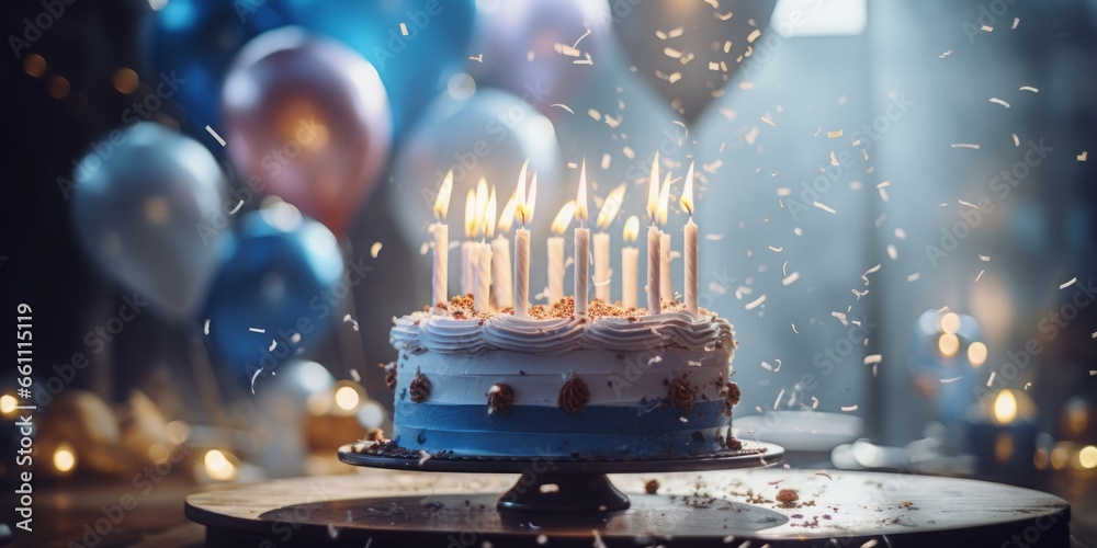 A lively image featuring a birthday cake set against a party background filled with vibrant graffiti and colorful balloons. Perfect for capturing the essence of celebration, youth, and urban creativit - obrazy, fototapety, plakaty 