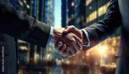 Business professionals share a handshake, symbolizing an agreement or partnership.