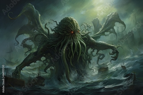 A harrowing image capturing the moment Cthulhu arises from the ocean, its massive tentacles scattering the waters in a display of terrifying power. Ideal for themes related to horror, mythology, and t