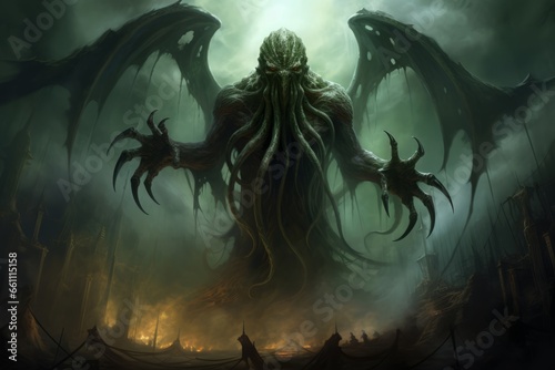 Imposing Cthulhu emerges in skies tinted dark teal, its formidable presence dominating the ominous background.
